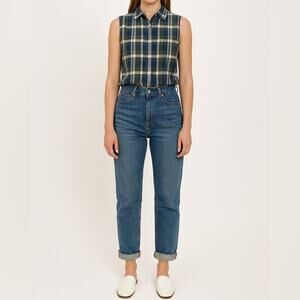 VINTAGE CHIC 90s Sleeveless Plaid Button-Up Shirt | M | Green Blue | 100% Cotton